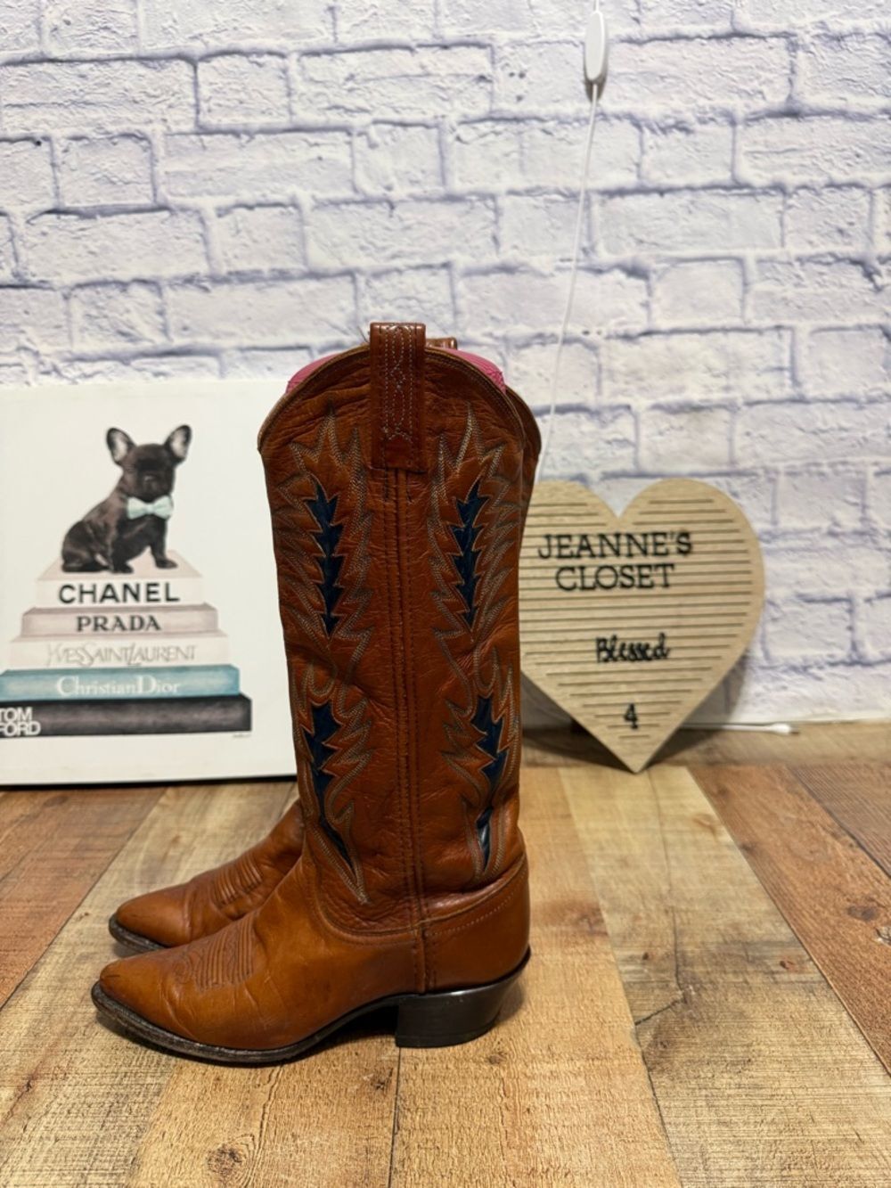 Vintage Dan Post Leather Cowboy Boots – Brown w/ Blue Stitching – Women’s 7
